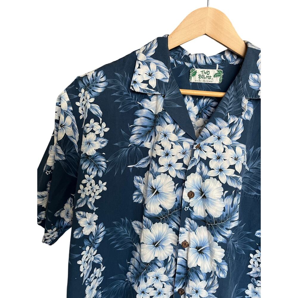 Two Palms Hawaiian Shirt Blue Floral Made in Hawaii Aloha Button Front XL